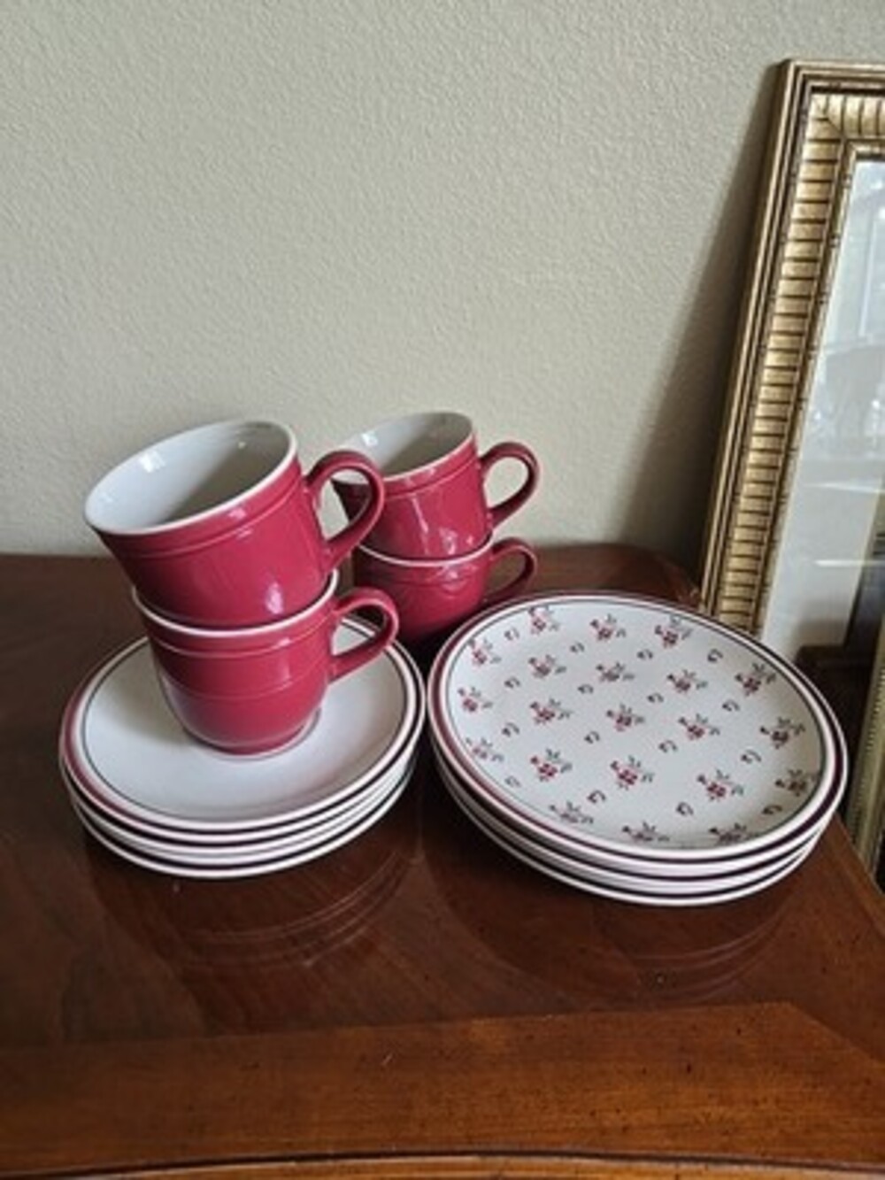 Burgundy Red Salad Plates, Teacups & Saucer Floral Newcor Stoneware 12 Pieces
